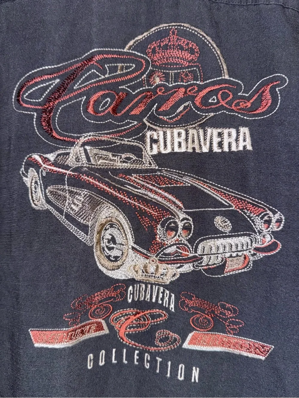 Vintage Cubavera Men's L Black Button-Up Shirt Pockets Embroidered Cars Graphic